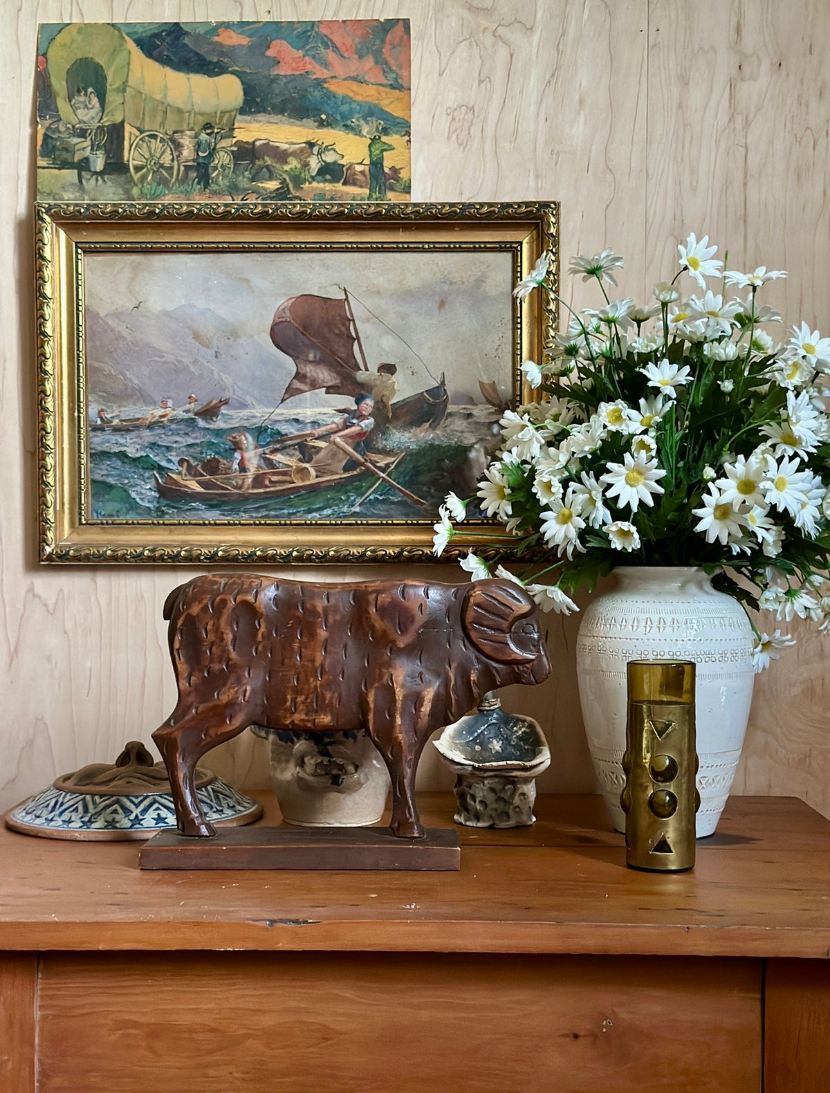 Carved Wood Primitive Bull Statue